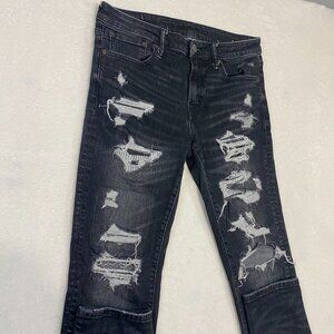 American Eagle Next Level Airflex Stacked Skinny Jeans Mens 32x35 Black Distress